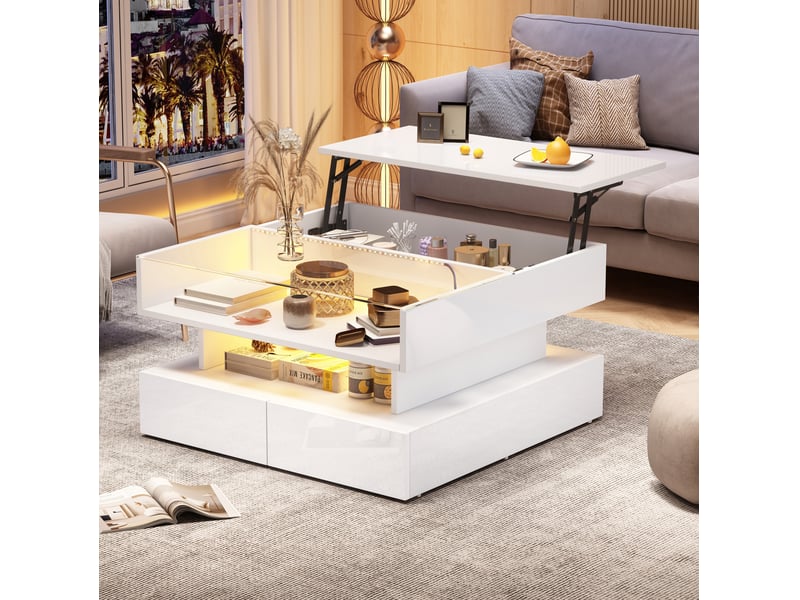 Table basse relevable carrée 80x80cm, table basse blanche brillante avec led, plateau en verre trempé et rangement caché - Conforama D