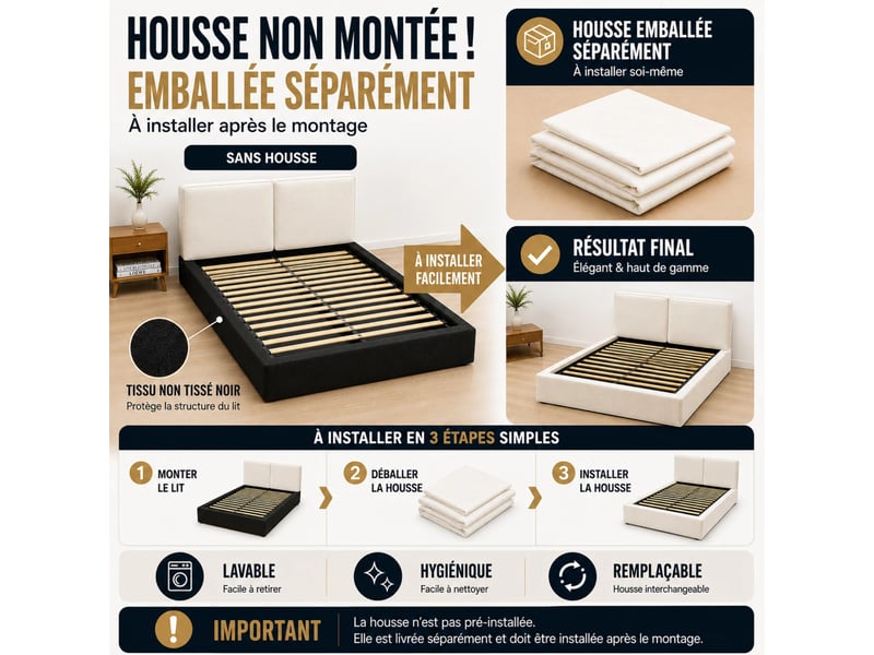  Lit coffre rembourré 180x200 cm, lit double avec rangement hydraulique, tête de lit épaisse 13 cm, sommier à lattes, velours - beige  - Conforama D