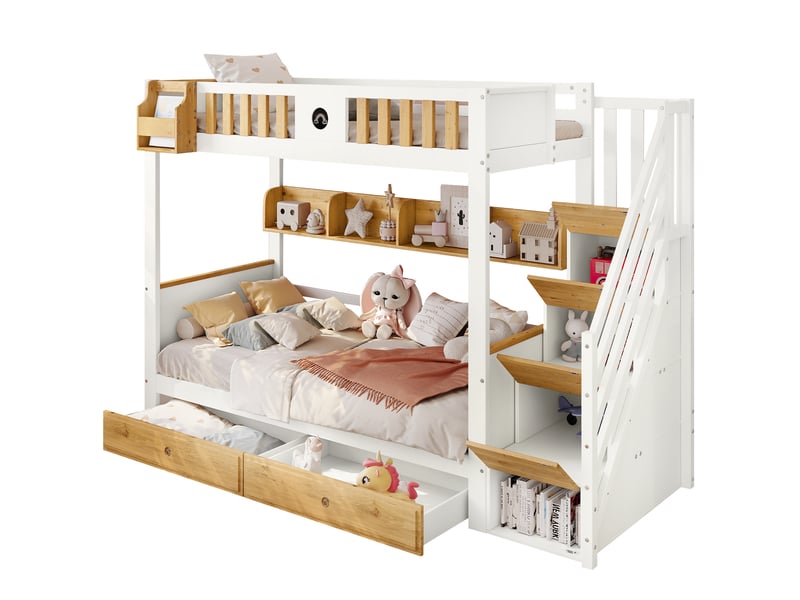 Lit superposé enfant 90 x 200 cm, escalier avec 4 casiers, 2 tiroirs, étagère ouverte et barrières de sécurité, pin, mdf, blanc et naturel evarich - Conforama A
