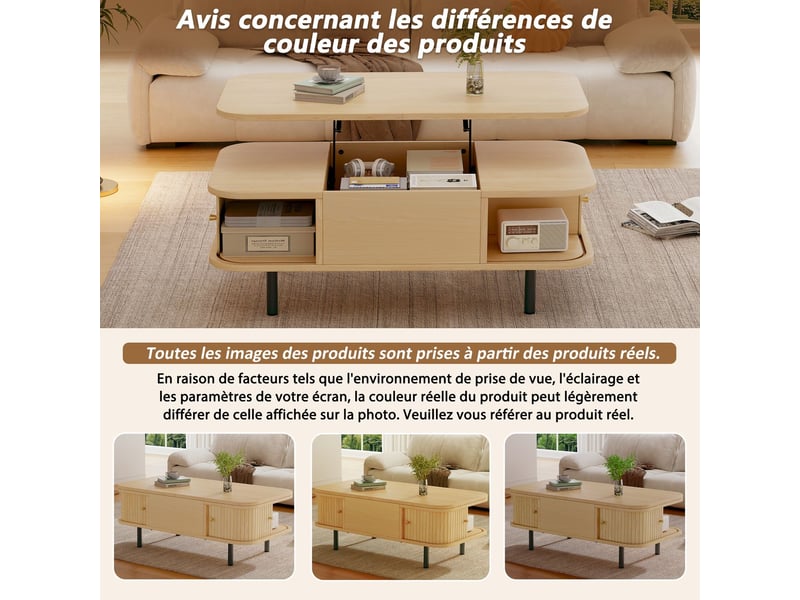  Table basse relevable 101 x 51 x 52 cm 2 volets roulants table basse avec rangement fonction 2-en-1 bureau mdf teinte bois naturel 4 pieds bords arrondis charge maximale 75 kg  - Conforama E