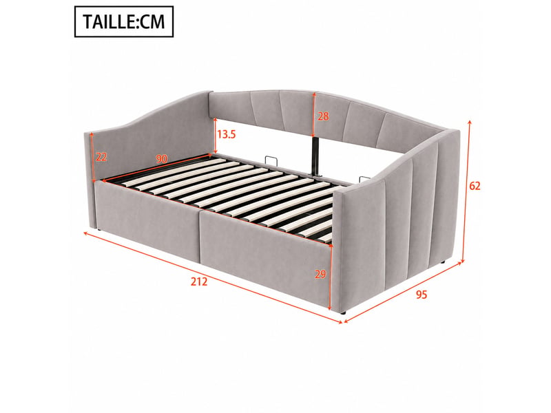 Lit banquette 90x200 cm - lit convertible avec rangement hydraulique, tissu velours gris clair, sommier inclus - sans matelas - Conforama C
