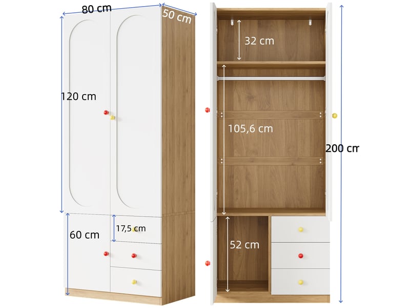  Armoire tcqpz 130 x 50 x 200 cm ensemble 2 portes et étagère de rangement mdf blanc et bois naturel  - Conforama C