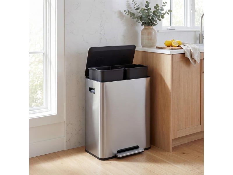  Poubelle cuisine tri sélectif 60l, poubelle recyclage à pédales en acier inoxydable avec double compartiments, couvercle verrouillable (argenté)  - Conforama B