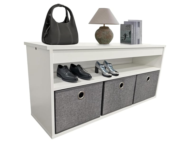 Banc d'entrée avec 1 étagère et 3 coffres bois blanc 102 x 30 x 45 cm 62736 - Conforama E