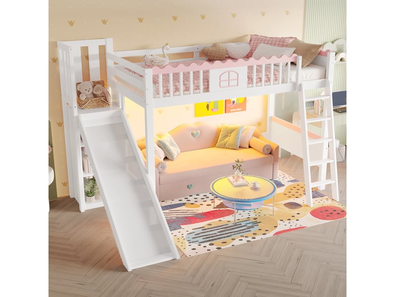  Lit mezzanine pour enfant 90x200 cm avec toboggan, led, 3 étagères et rangements, blanc  - Conforama B
