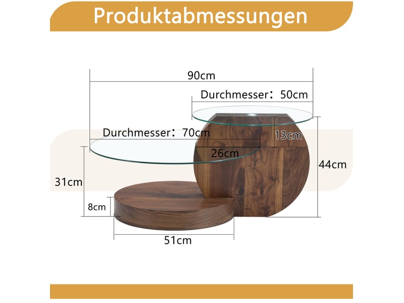  Table basse ronde avec plateaux en verre trempé et rangement à niveaux, moderne, en mdf finition noyer, pour salon  - Conforama E