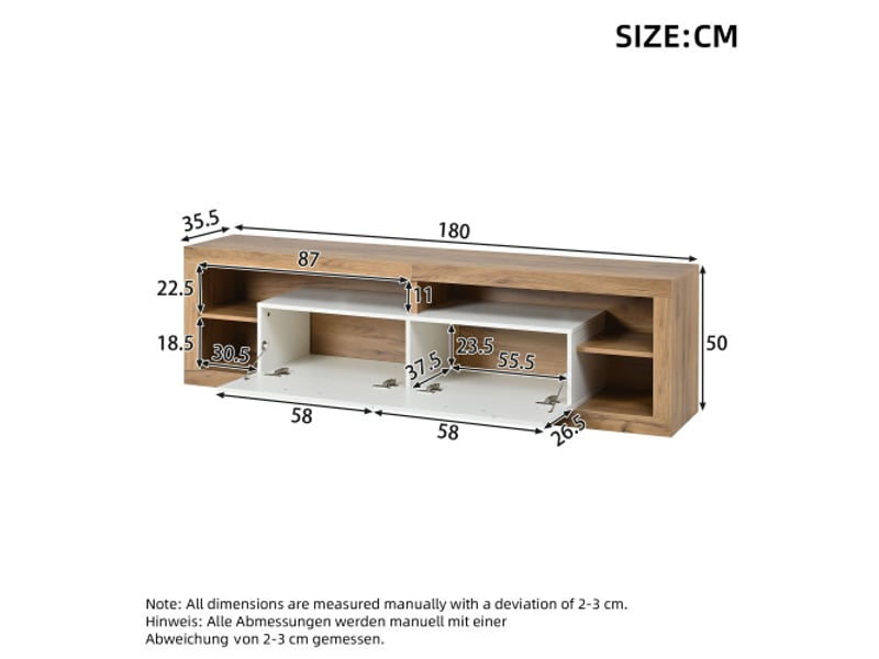  Meuble tv led via app 75 pouces – 180x35,5x50 cm, 2 tiroirs, 4 niches, panneau de particules naturelblanc, 30 kg  - Conforama C