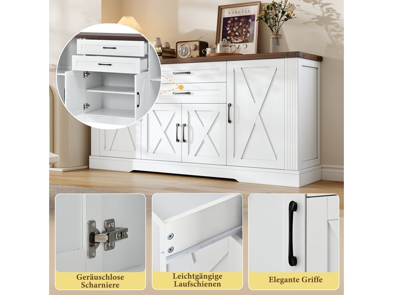  Buffet de cuisine blanc 160x39x81,5 cm, 4 portes et 2 tiroirs, meuble rangement avec plan de travail pour salle à manger  - Conforama D