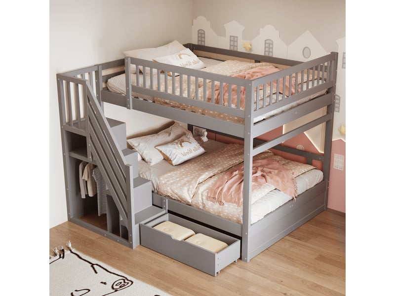  Lit superposé enfant 200×140 cm avec escalier de rangement et tiroirs, sans matelas, en bois gris  - Conforama C