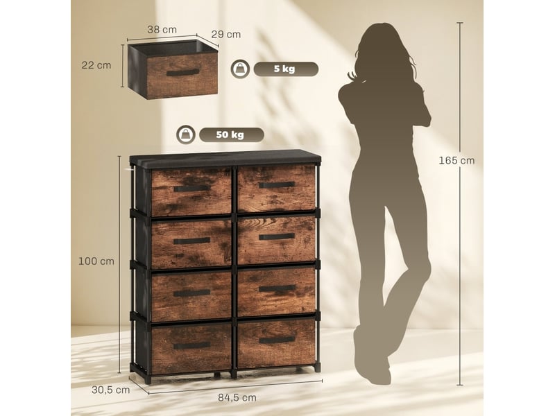  Commode à 8 tiroirs en tissu, cadre métal, 84,5 x 30,5 x 100 cm, marron rustique  - Conforama C