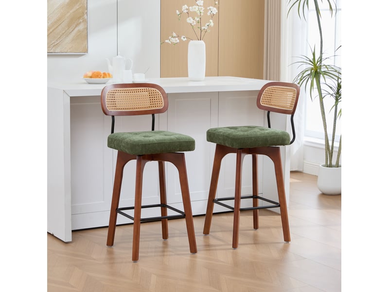  Lot de 2 tabourets de bar pivotants 360° en tissu vert, dossier en paille et assise rembourrée confortable  - Conforama B