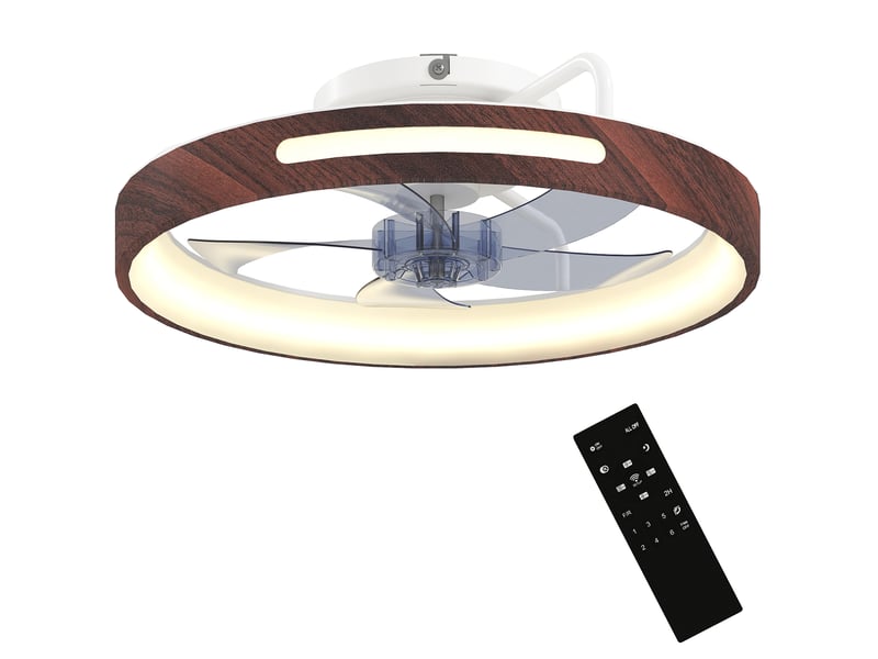  Ventilateur de plafond avec éclairage led, moteur cc 40 w, réversible, télécommande, 6 vitesses, 3 couleurs, minuterie, teck  - Conforama A