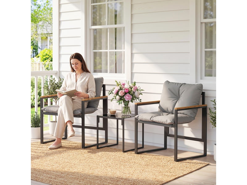  Salon de jardin 3 pcs avec 2 fauteuils 1 table basse, plateau en verre trempé et coussins, gris  - Conforama C