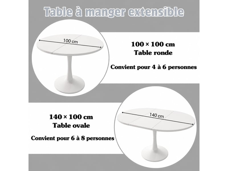  Table à manger extensible ovale 100–140 x 100 x 75 cm, avec plateau extensible, bords arrondis, style moderne, blanc  - Conforama E