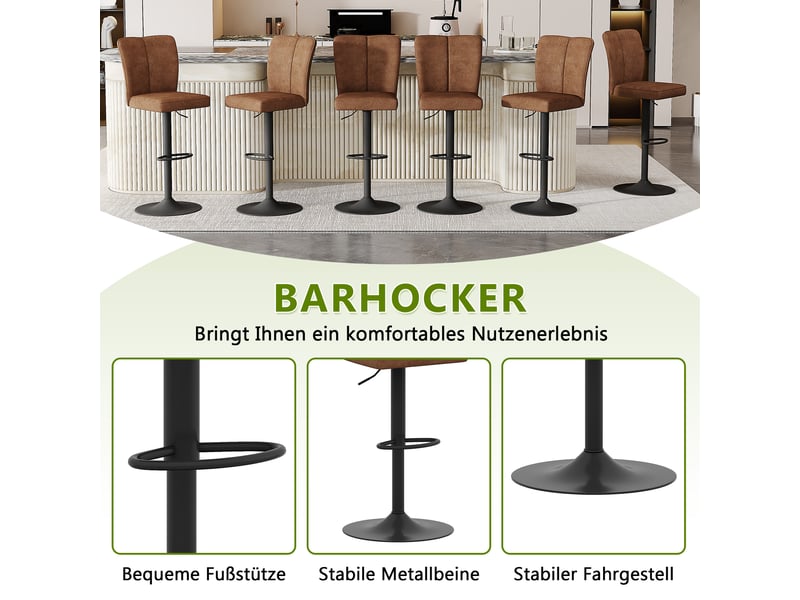  Lot de 2 tabourets de bar réglables,44,5x39,5 cm,pivotants,tissu et métal noir,marron  - Conforama E