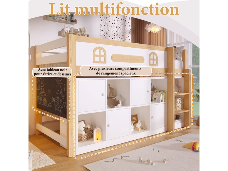  Lit enfant mi-hauteur 90x200 cm avec tableau à craie réversible, rangements, échelle, sommier à lattes, pin et mdf, blanc et naturel  - Conforama E