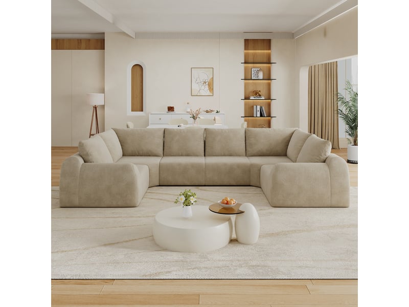 Grand canapé 344 cm en u kaki, canapé mousse compressée sans armature en tissu chenille - Conforama D