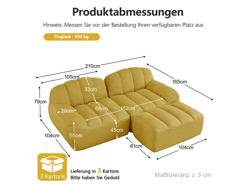  Canapé d’angle coquille 2 places avec pouf jaune – 210 x 165 x 79 cm Fay Lum - Conforama C