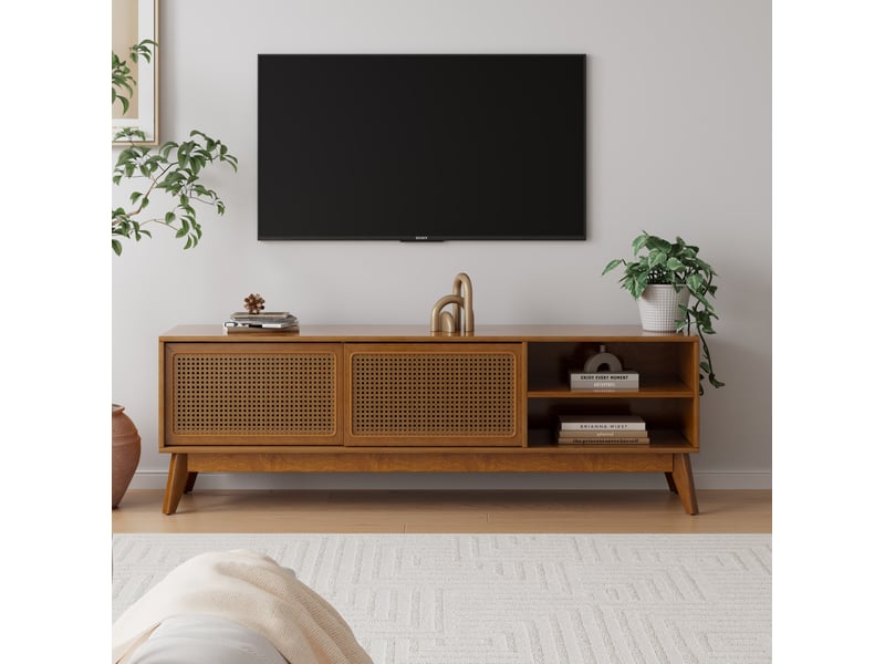  Meuble tv tcqpz 150 x 40 x 50 cm pour tv jusqu'à 65 pouces en bois et mdf coloris bois foncé  - Conforama E
