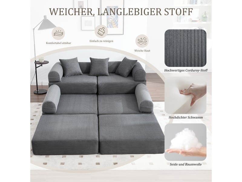 Canapé modulable velours côtelé gris foncé 270 cm avec rangement - Conforama W