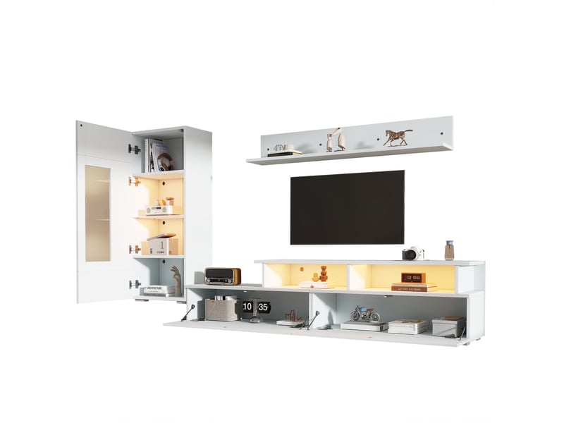  Ensemble meuble tv mural 3 pièces blanc brillant avec éclairage led, pour téléviseur jusqu'à 75 pouces  - Conforama A
