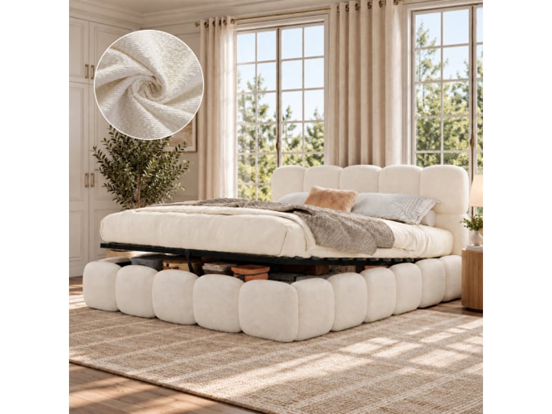  Lit coffre hydraulique 200 x 200 cm avec sommier, tête de lit rembourrée, grand rangement, tissu bouclé blanc  - Conforama B