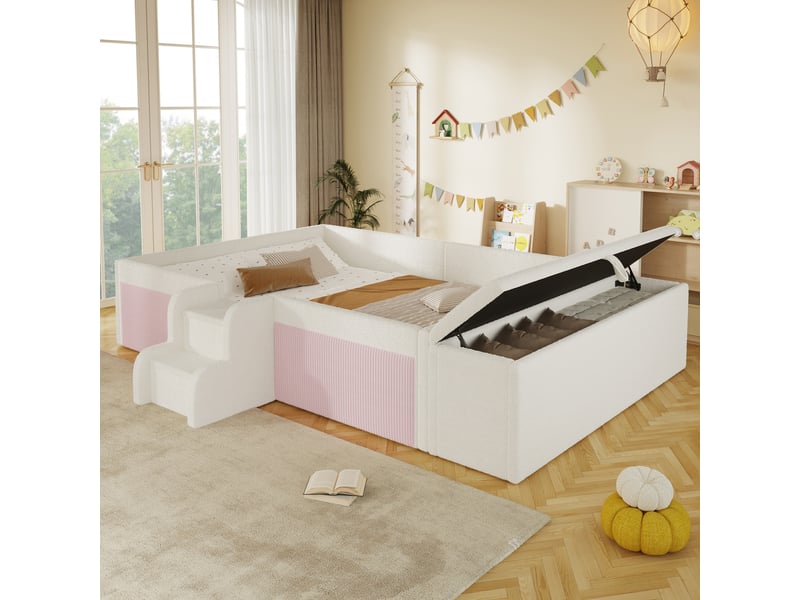  Lit banquette rembourré 140x190 cm en velours avec marches et rangement - blanc Morn Vibe - Conforama E