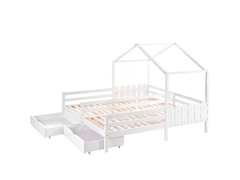  Lit cabane enfant 90x200 cm – blanc – double couchage séparé, 2 tiroirs mdf à roulettes - sans matelas  - Conforama D