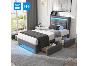 Lit avec rangement 90x190 cm <strong>COVREO </strong> <strong></strong> coloris gris