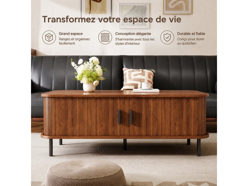  Table basse effet noyer avec 2 portes coulissantes à lattes verticales, 100 x 50 x 45 cm  - Conforama E