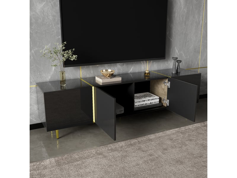  Meuble tv design 180 cm noir laqué - portes décor noir et doré, élégant  - Conforama D
