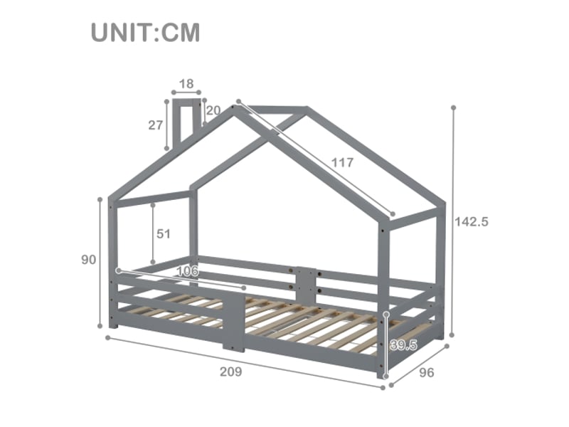 Lit cabane 90x200 cm lit enfant avec cheminée, barriéres de sécurité et sommier à lattes, en pin gris, sans matelas - Conforama D