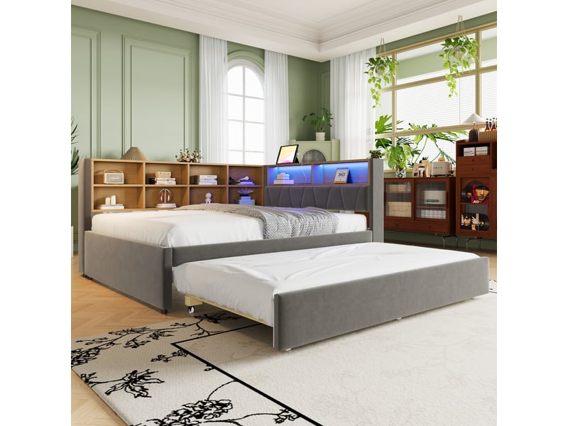  Canapé-lit simple 140x200 cm lit gigogne 90x190, prises électriques et compartiments de rangement gris foncé, équipé de lampes led  - Conforama A