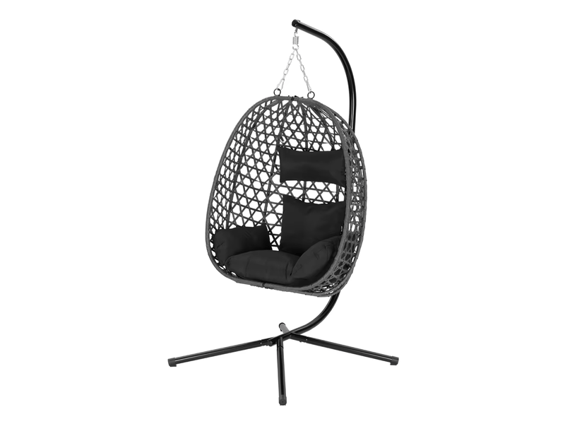 Fauteuil œuf suspendu réglable avec support et rotation 360°, en métal et rotin pe anthracite, 105 × 105 × 195 cm - Conforama A