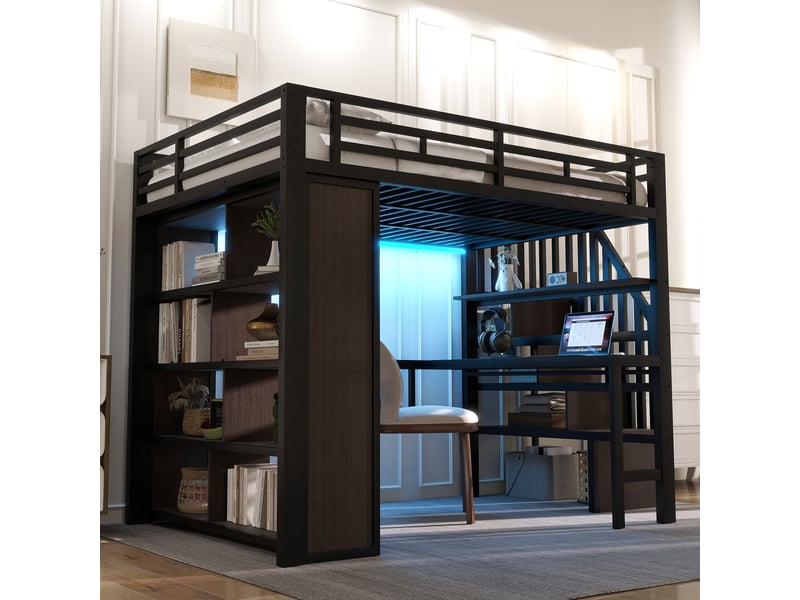  Lit mezzanine 140 x 200 cm sans matelas, structure métal, bureau, rangement, led, escalier avec coffre, noir  - Conforama D