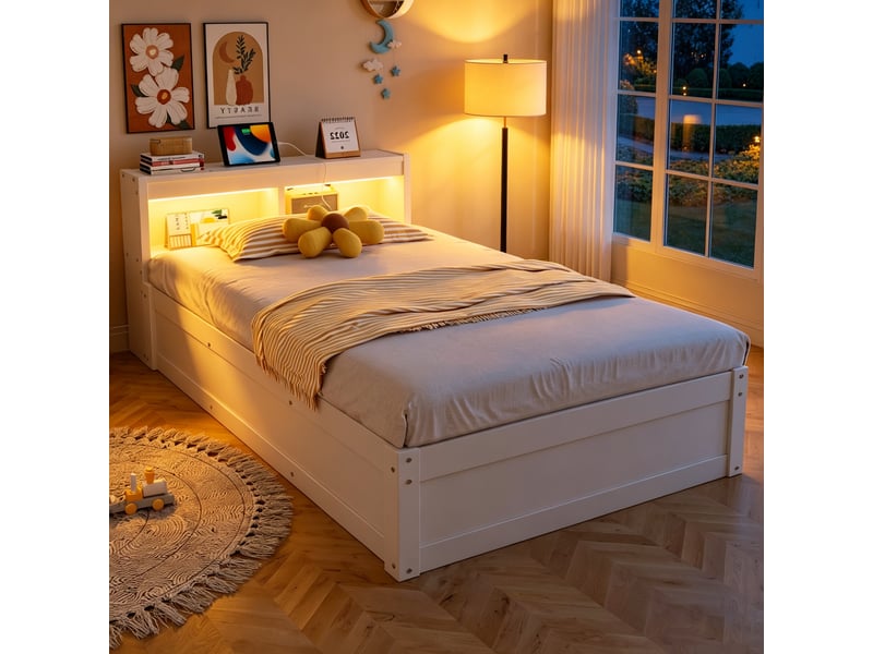  Lit sofa 90 x 200 cm blanc en mdf, prise euro, led multicolore, relevage hydraulique et rangements  - Conforama E