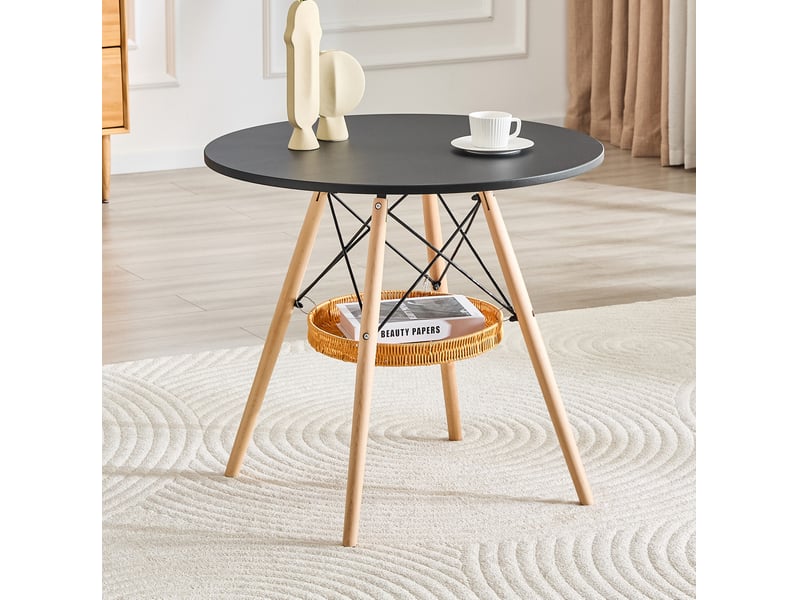  Table à manger ronde, d80 cm, avec panier de espace de rangement suspendu meuble, pratique, mdf et bois, coloris noir  - Conforama D