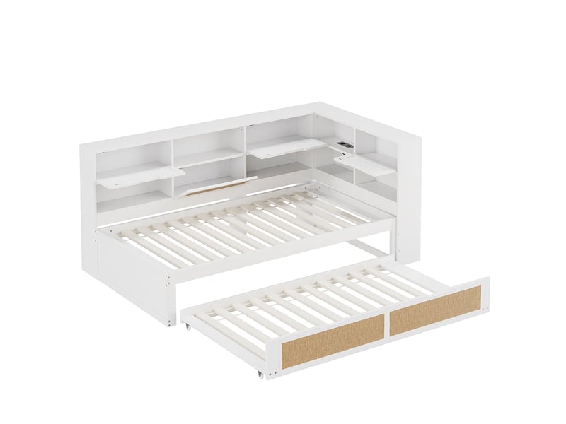 Lit banquette avec lit gigogne et rangements, bois blanc, 90x200 cm, prise de charge intégrée - Conforama E