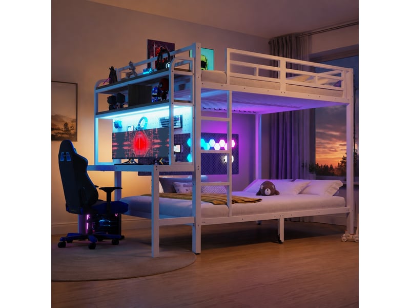  Lit superposé enfant 140 x 200 cm blanc en métal et mdf avec bureau, led et usb  - Conforama B