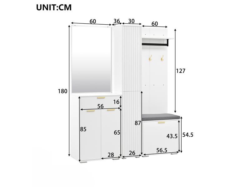  Meuble d’entrée 150x36x180 cm avec miroir, penderie et banc, panneau de particules et mdf, blanc  - Conforama C