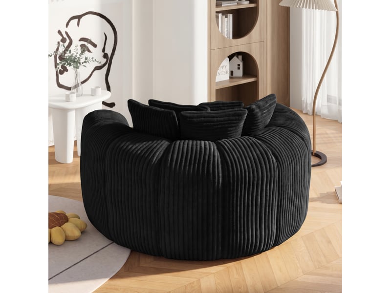  Fauteuil lounge 1 place à assise profonde avec 5 coussins et accoudoirs enveloppants en velours côtelé noir  - Conforama D