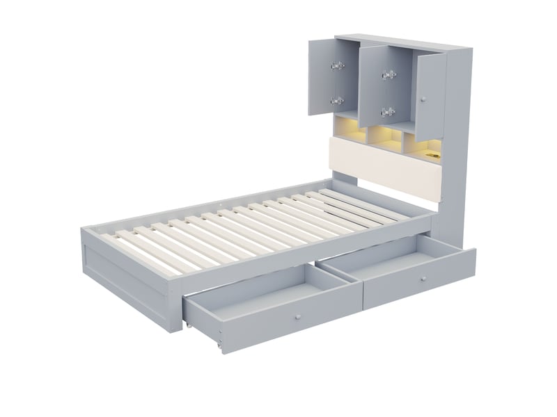  Lit simple 90×200 cm avec tête de lit, rangements, led, prise et tiroir, gris  - Conforama E