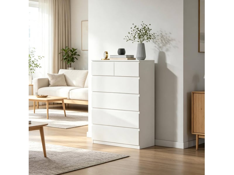  Commode blanche avec 6 tiroirs sans poignées 80 x 39 x 115 cm, panneau de particules  - Conforama B