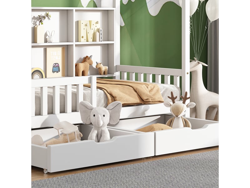  Lit cabane enfant 90x200 avec tiroirs et bibliothèque - bois massif blanc  - Conforama B