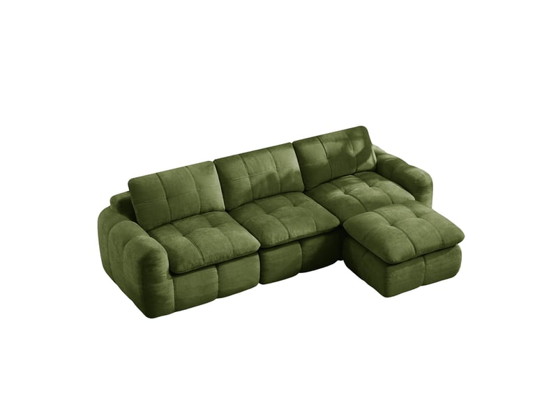  Canapé modulable sans cadre en l 3 places vert, chenille, mousse 32d, avec 1 pouf, sans montage  - Conforama A