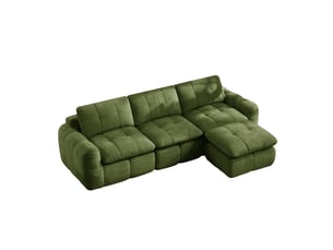 Canapé modulable sans cadre en l 3 places vert, chenille, mousse 32d, avec 1 pouf, sans montage