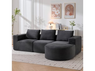 Canapé 2 places velours côtelé gris foncé 265 cm - compact avec 3 coussins et porte-gobelets