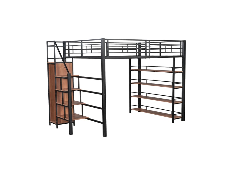  Lit mezzanine pour enfant 140x200 cm avec armoire, étagère, garde-corps, sommier, métal noir, sans matelas  - Conforama A