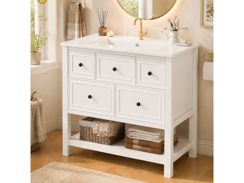 Meuble vasque 76 cm sur pied, meuble salle de bain blanc en mdf laqué avec vasque en céramique intégrée, 5 tiroirs et étagère, 76x46,5x82cm - Conforama B