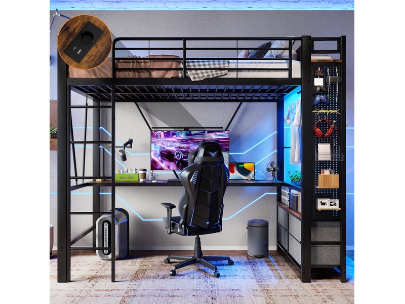  Lit mezzanine 90 x 200 cm bureau 4 tiroirs penderie panneau perforé led prise usb-c échelle métal mdf noir sans matelas  - Conforama B